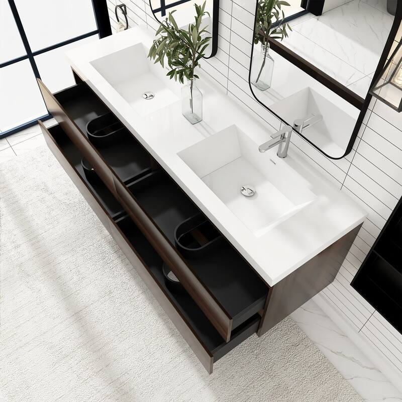 MDF Wall-Mounted Bathroom Vanity Set in Grey Oak with Integrated Culture Marble Sink