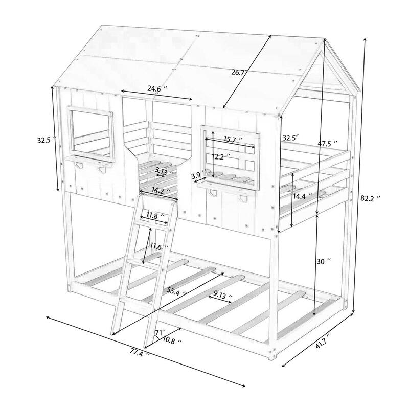 Twin Over Twin House Bunk Beds with Roof and Window, Floor Bunk Bed, Wooden Playhouse Bedframe with Safety Guardrails and Ladder