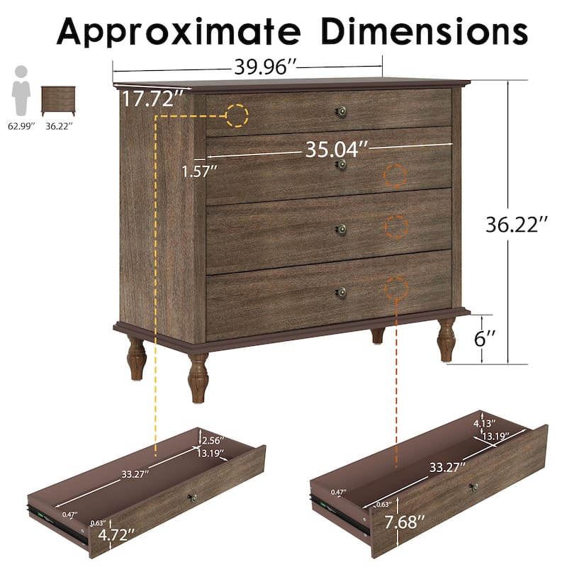 Rustic Wooden 4-Drawer Storage Chest with Metal Knobs and Solid Wood Feet by GDFStudio