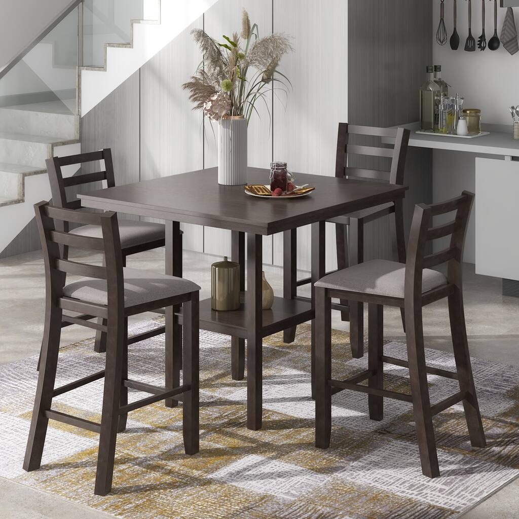 5-Piece Rustic Wood Counter Height Dining Table Set with 4 Padded Chairs