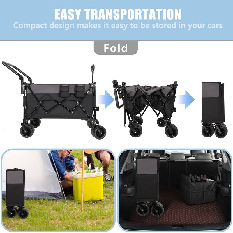 Multi-Functional Push-Pull Folding Wagon - Rotating Handle & 360° Wheels Heavy-Duty Cart, Black & Gray
