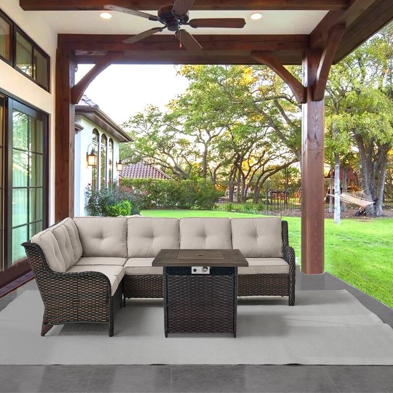Gymojoy 2-Piece Outdoor Wicker Patio Furniture with Fire Pit and L-shaped Sectional Sofa, Coversation Set with Thick Cushions - Brown Wicker / Beige Cusion - 2-Piece