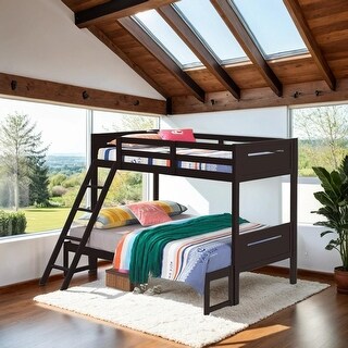 Contemporary Twin over Full Bunk Bed with Masculine Style Frame, Angled Ladder, Guardrails and Convertible Design, Espresso
