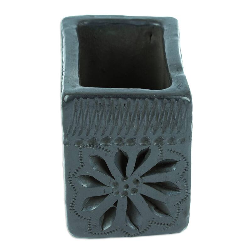 Novica Handmade Square & Flower Barro Negro Mini Flower Pot