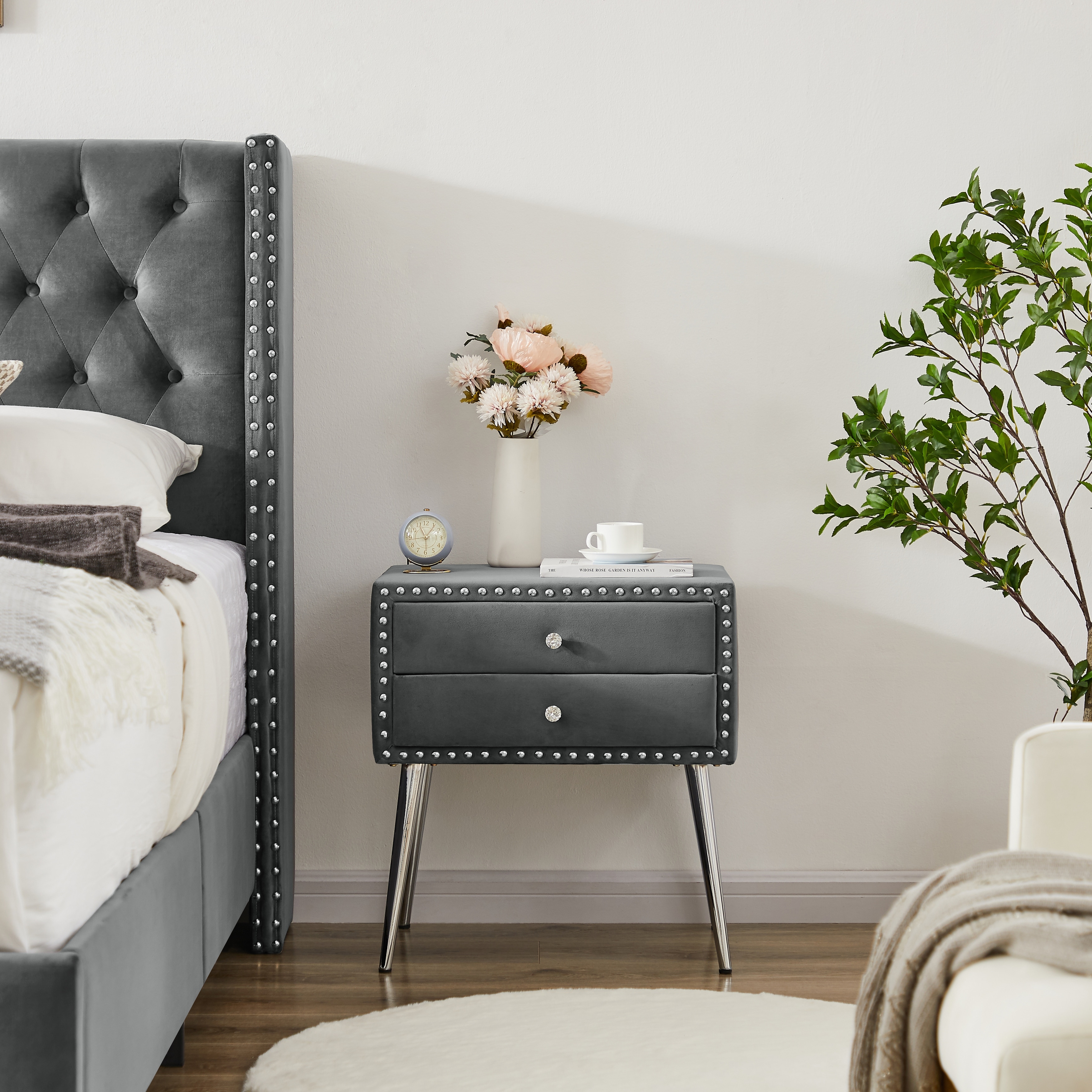 Grey velvet outlet bedside cabinet