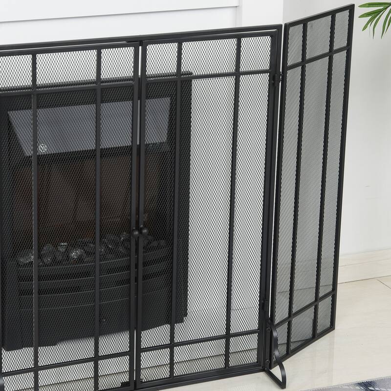 HOMCOM 3-Panel Metal Mesh Screen Fireplace with Foldable Steel Spark Guard and Magnetic Doors, Black
