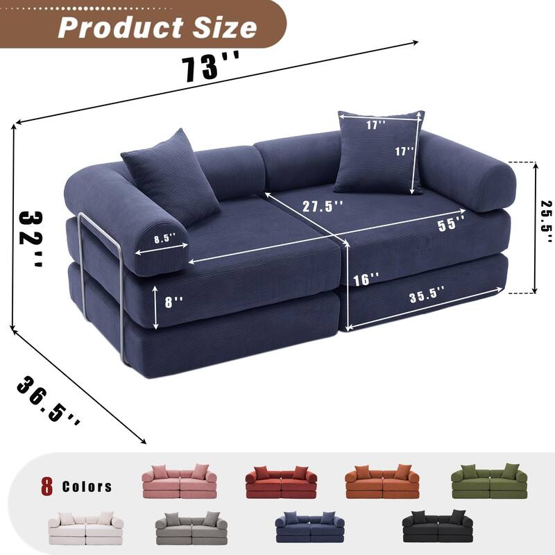 Modular Couch Sofa Bed, Convertible Design with Removable Armrests,Folding Mattress Couch for Small Spaces ,No Assembly
