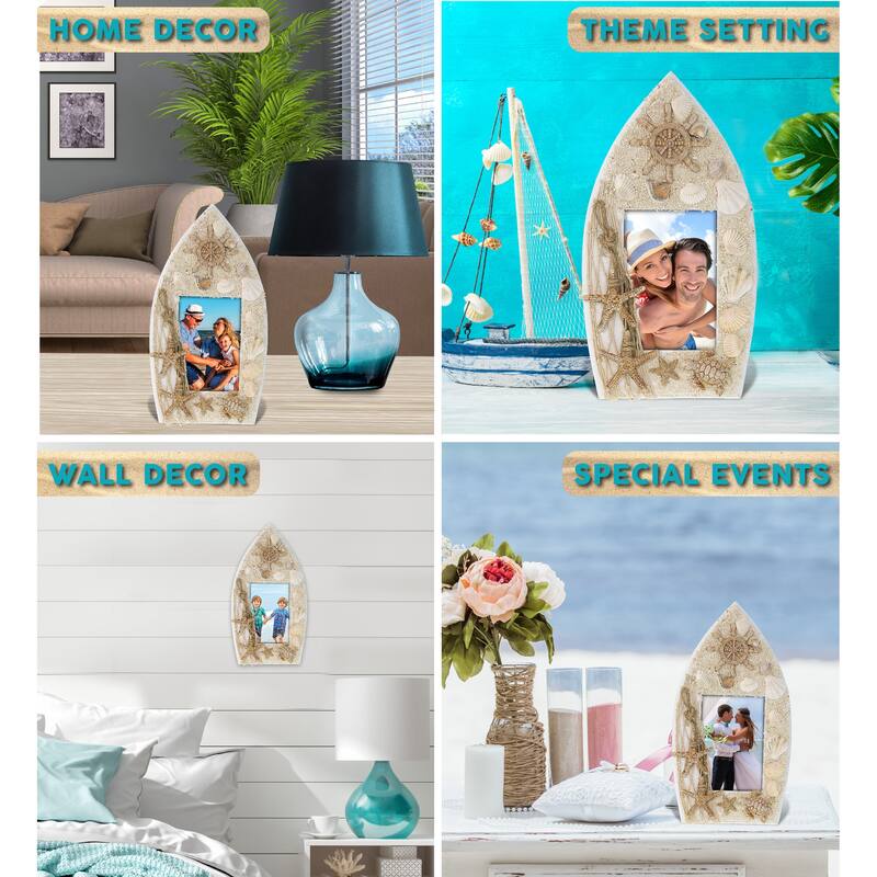 CoTa Global White Wood Seashell Oceanic Sea Turtle Boat 3.5X5 Frame - 9.4 Inches