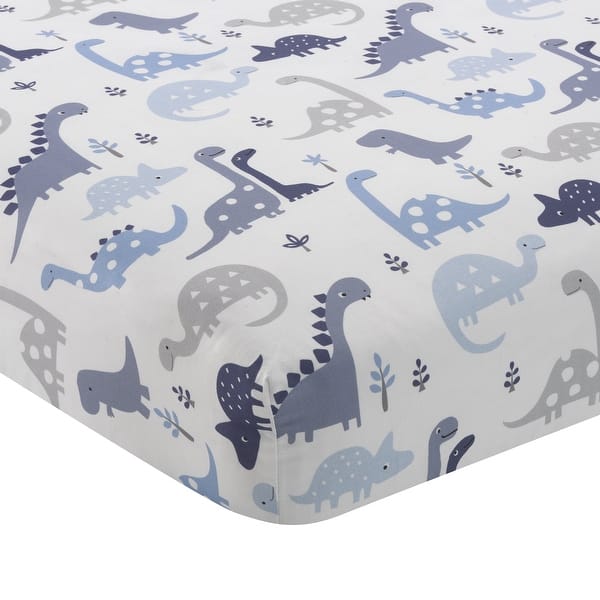 slide 2 of 4, Bedtime Originals Roar Blue/Gray/White Dinosaur Baby Fitted Crib Sheet