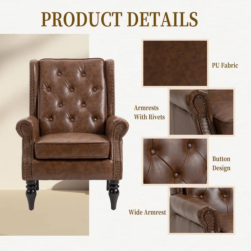 Brown PU 29.33" High Back Upholstered Arm Chair with Nailheads