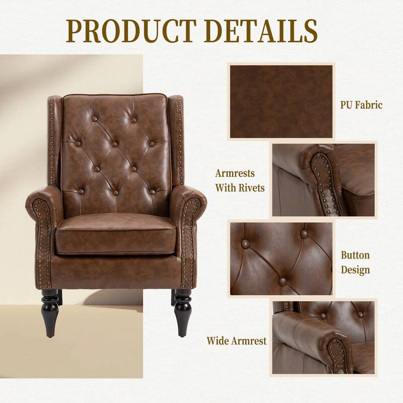 PU Leather Upholstered Accent Chair, Button Tufted Wingback Armchair, Leisure Reading Chair with Solid Wood Legs