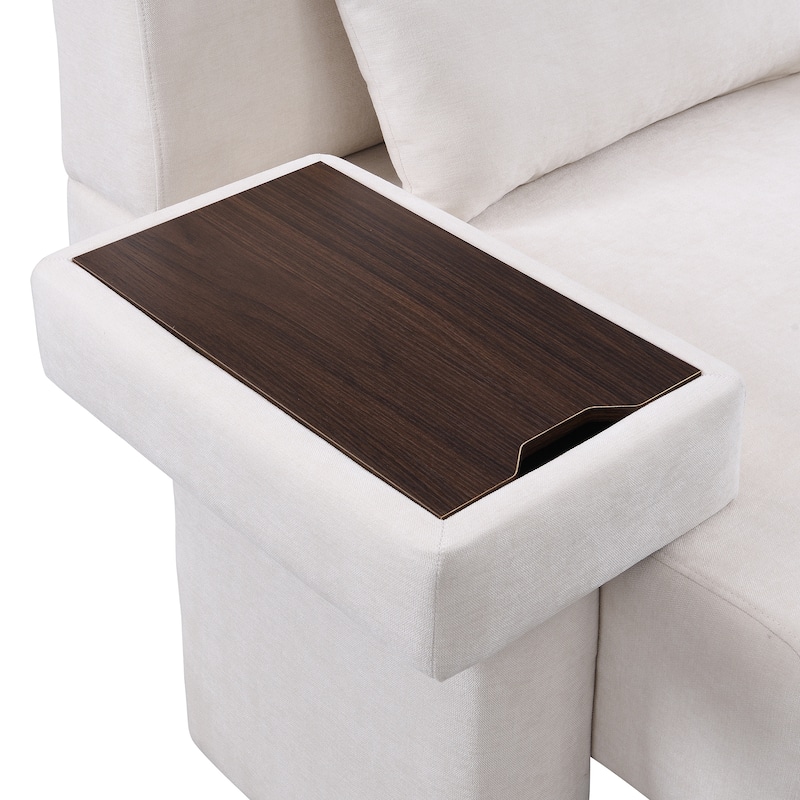 Modern Armchair Lounge Chair Sofa Chair with Built-In Storage, Wooden Table Armrest, Extra-Wide Seat