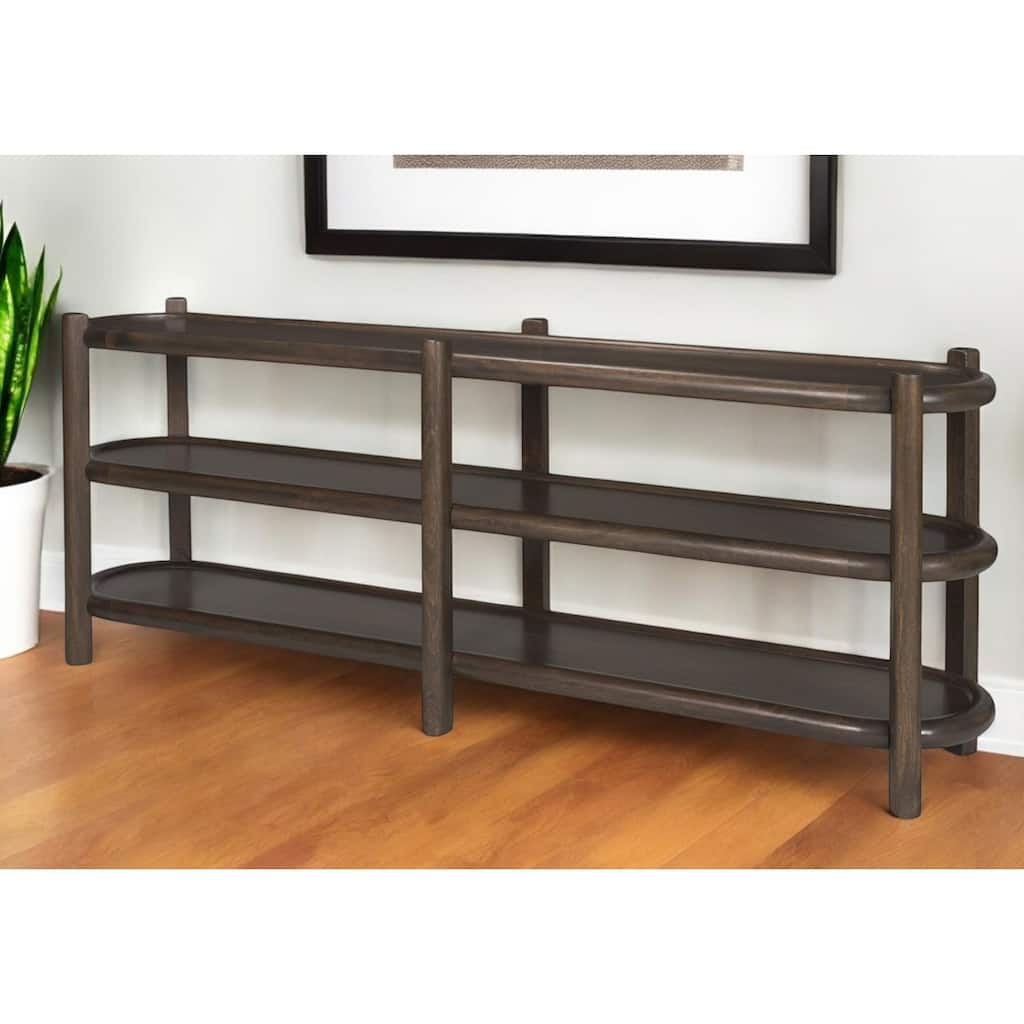 HomeRoots 80" Dark Brown Solid Wood Oval Six Leg Console Table With Two Shelves - 80' X '30' X '19