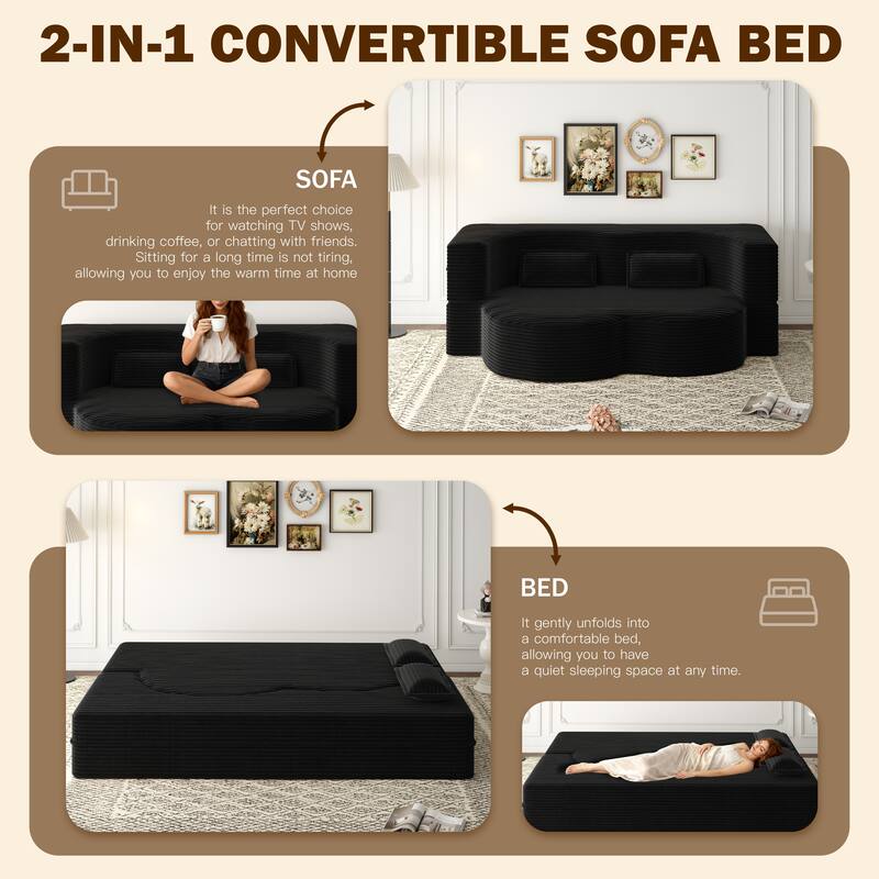 Convertible Floor Sofa with Corduroy Fabric, Twin Mattress & No Assembly
