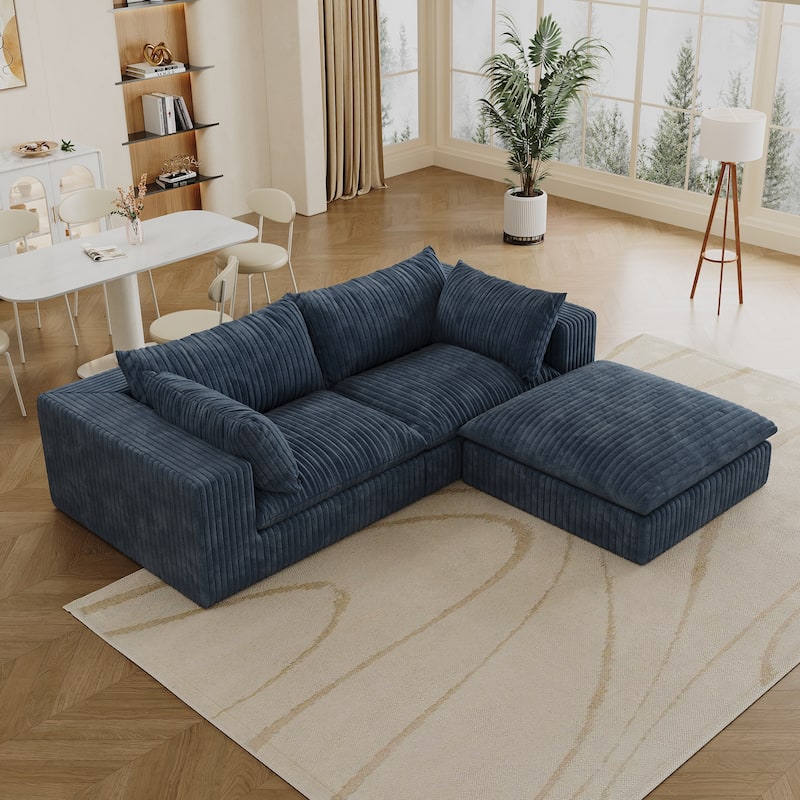 Corduroy Loveseat & Ottoman Set, L-shaped Sectional Sofa with Double-layer Seat Cushions, Modular Chaise Lounger Couch