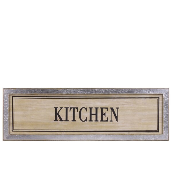 Wood Alphabet Decor "Kitchen" On Metal Rust Effect Rectangular Edge, Brown