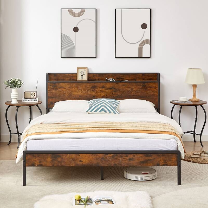 Mieres Queen Size Bed Frame, Platform Bed with Storage Headboard and Charging Station, Non-Slip Without Noise