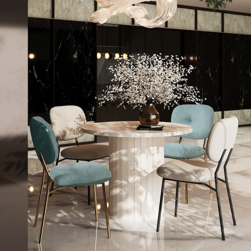 35.5" Round Dining Table Set for 4 Person, Modern Bambo Table Set with 2 Turquoise and 2 Beige Fabric Chairs for Dining Room - White