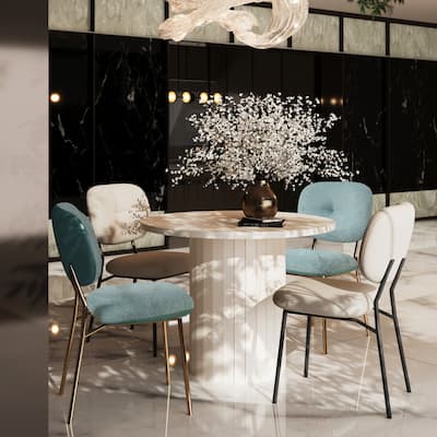 35.5" Round Dining Table Set for 4 Person, Modern Bambo Table Set with 2 Turquoise and 2 Beige Fabric Chairs for Dining Room