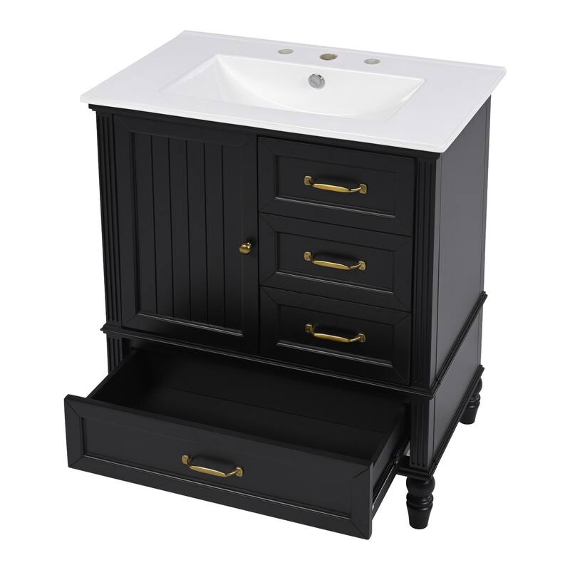 Roomfitters Bathroom Vanity with Sink, Single Door Cabinet and Three Drawers, Solid Wood Legs
