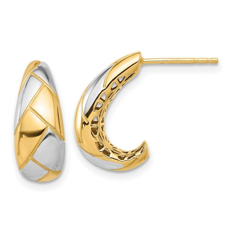 Curata 14k Yellow Gold White Rhodium Polished and Etched J hoop Post Earrings - 17.25x7mm