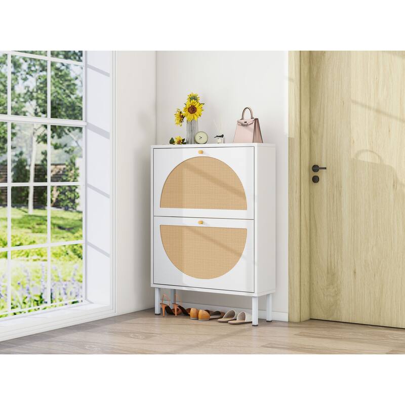 Rattan Shoe Cabinet with 2 Flip Drawer, Freestanding Entryway Organizer, Shoe Rack with Metal Legs for Living Room, Hallway