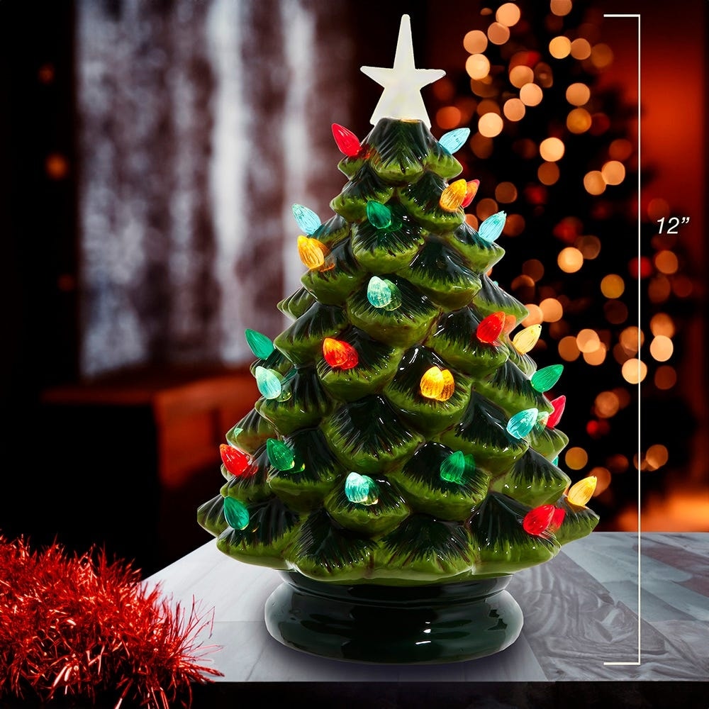 Kurt Adler 12-Inch Battery Operated LED Lighted Ceramic Green Tree