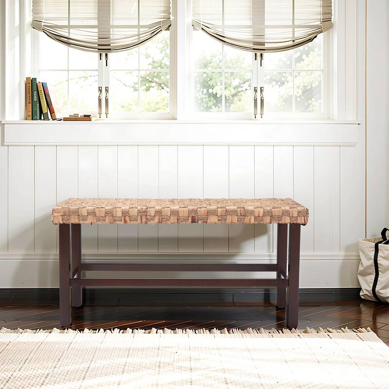 37.4" Rattan Bench With Wood Legs For Entryway - Walnut