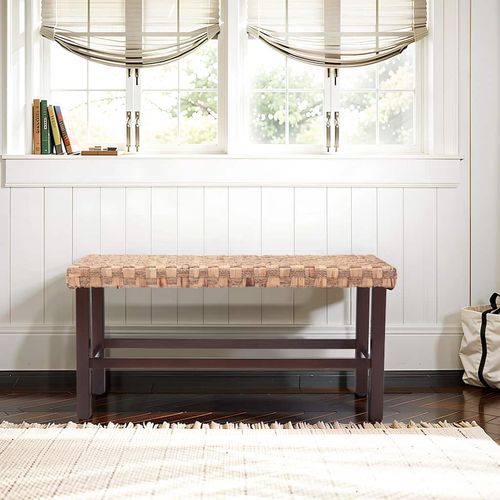 37.4" Rattan Bench With Wood Legs For Entryway