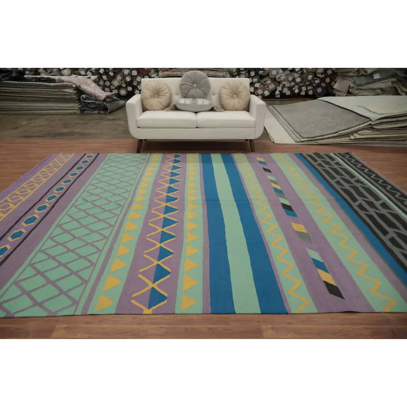 Hand Woven Oriental 100% Wool Carpet Southwestern Tribal Multi-Colored Kilim Area Rug - 12' 4'' X 9' 1''