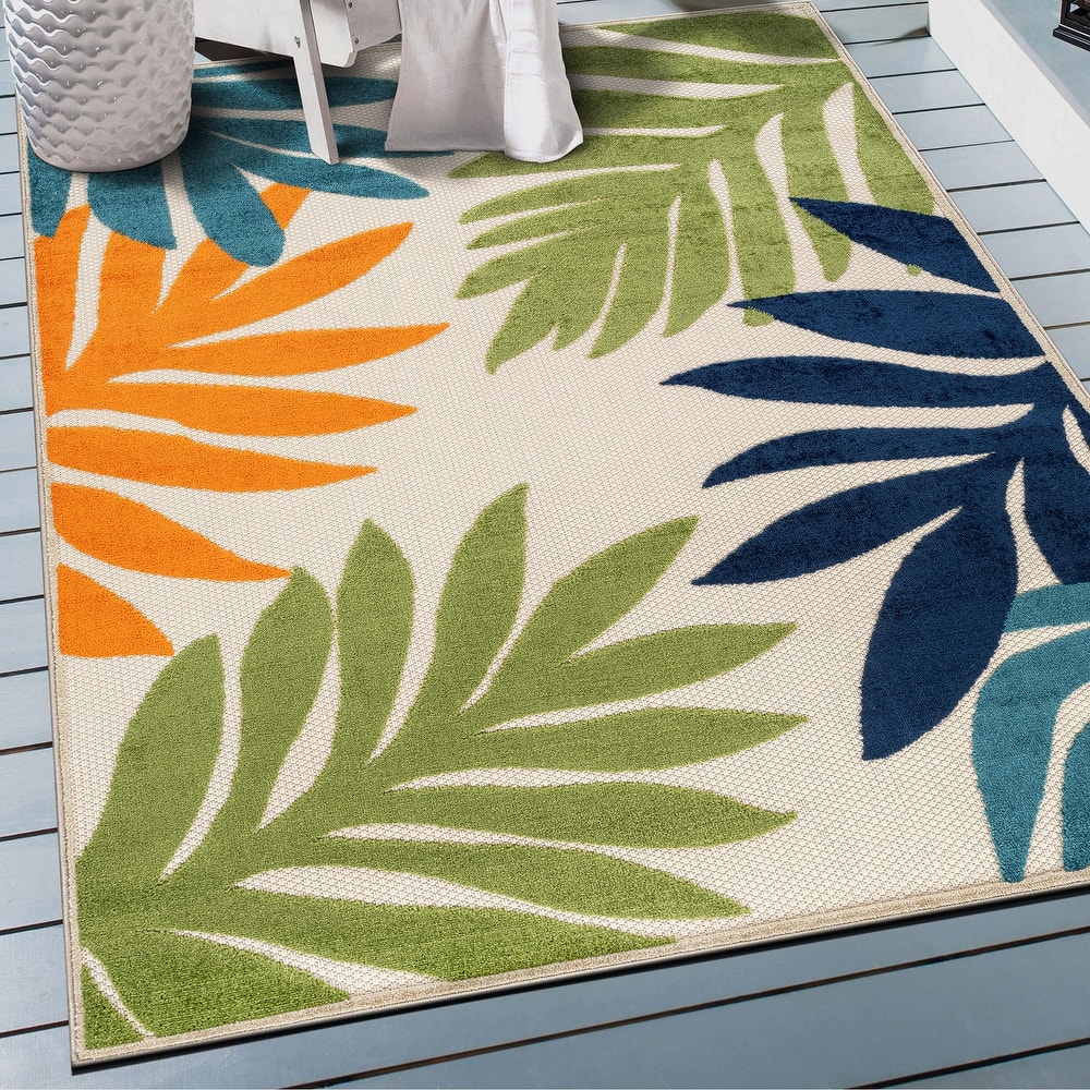 World Rug Gallery Indoor/Outdoor High-Low Textured Area Rug, Palm Easy-Clean Patio Rug