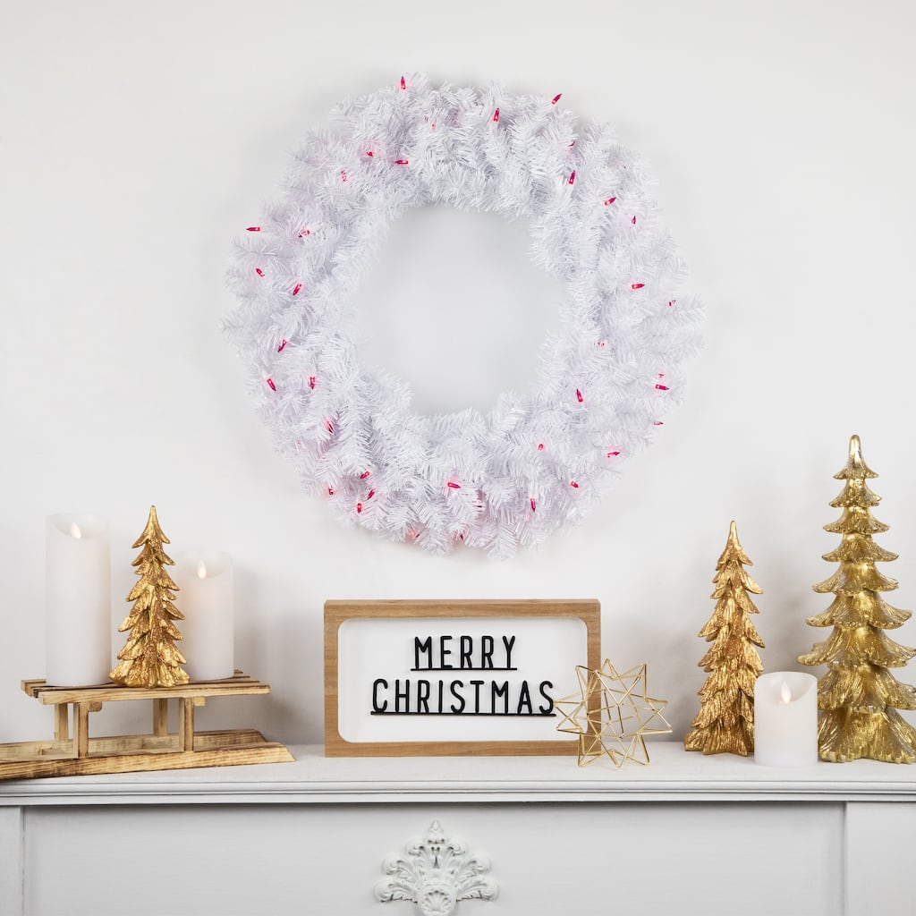 Woodbury White Pine Artificial Christmas Wreath, 24-Inch, Pink Lights