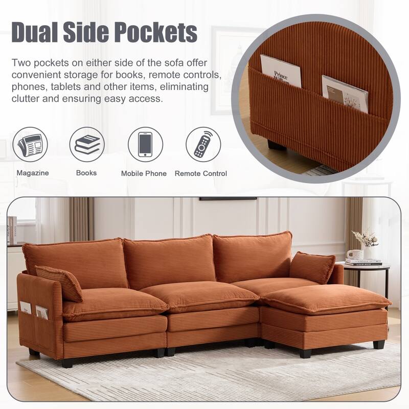 102.95" L-Shaped Corduroy Sectional Sofa with Movable Ottoman