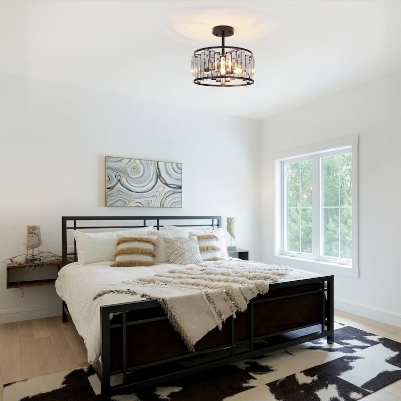 3-Light Modern Farmhouse Crystal Drum Semi-Flush Mount Lighting, Classic Semi Flush Mount Chandelier for Living Room Dining