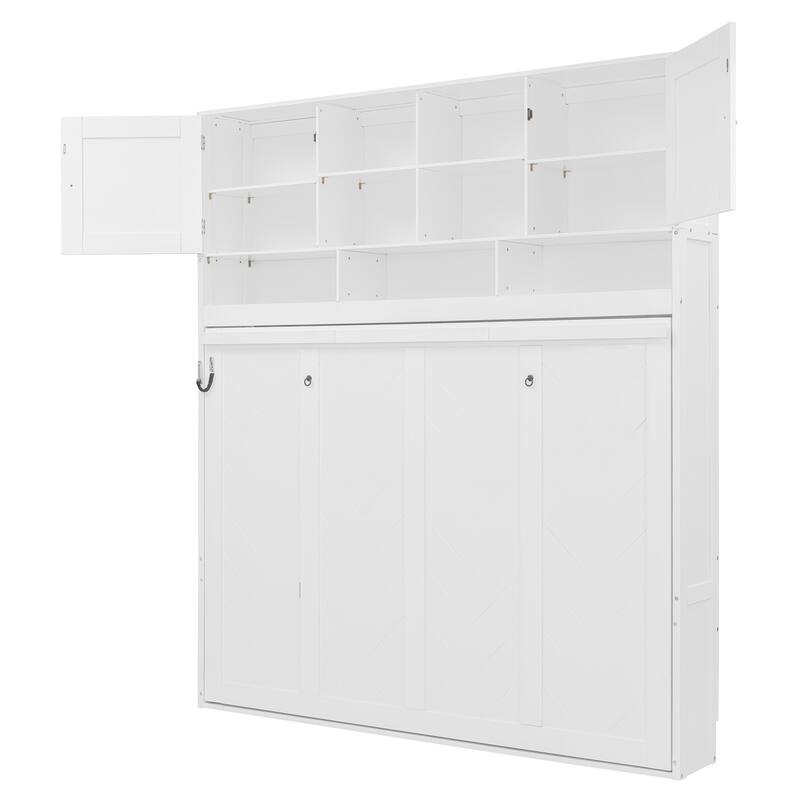 Roomfitters Queen Murphy Bed with Storage Shelves and Chevron Cabinets, Wall Mounted Space Saving Fold Down Bed System, White