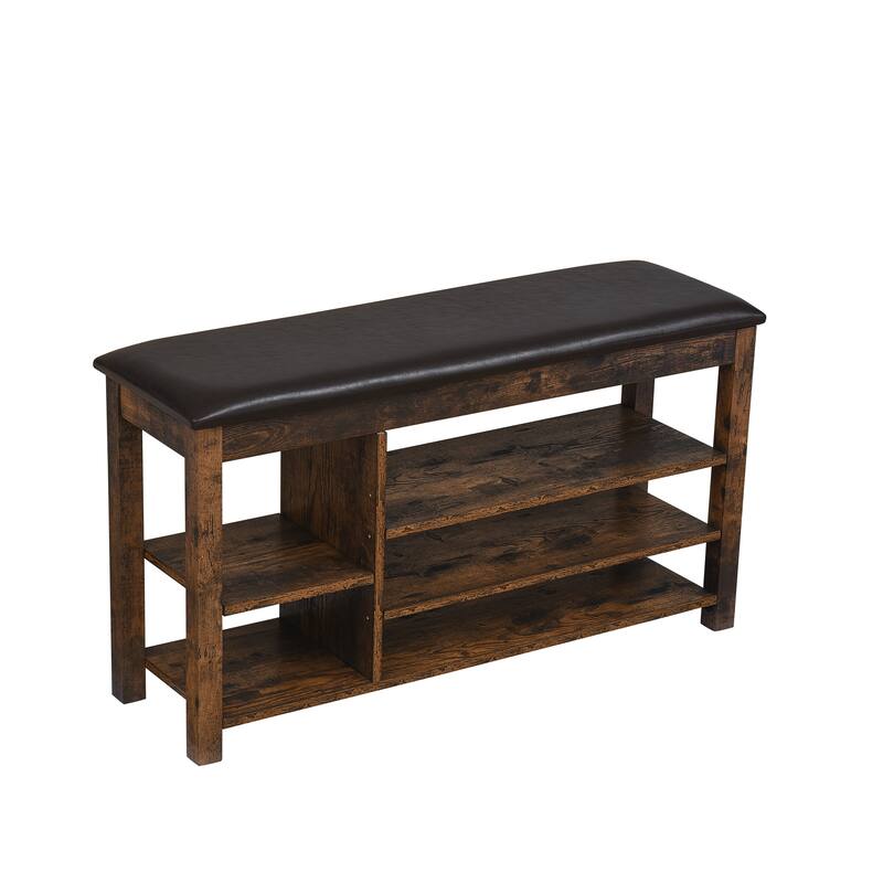 Roomfitters Height Adjustable Shoe Bench with Cushion Seat and Hidden Storage, Solid Rubberwood Frame, Charcoal Grain