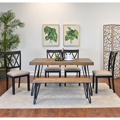 6 Piece Kitchen Table Furniture Sets with Hairpin Table Legs and 4 Cross Back Chairs & Bench