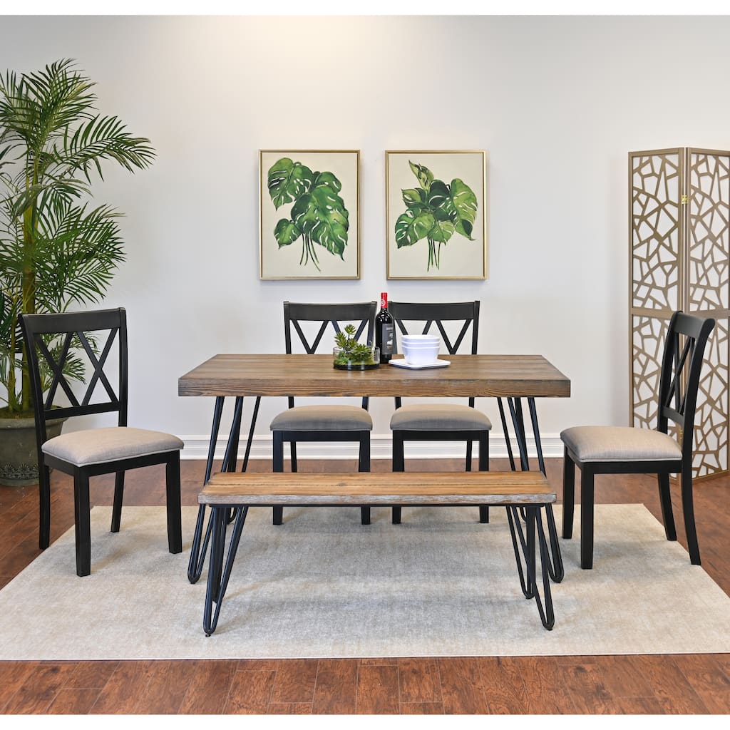 6 Piece Kitchen Table Furniture Sets with Hairpin Table Legs and 4 Cross Back Chairs & Bench