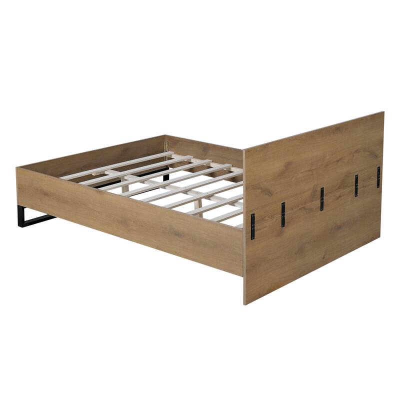 Queen Size Engineered Wood Bed Frame in Natural & Black, Geometric Headboard Design