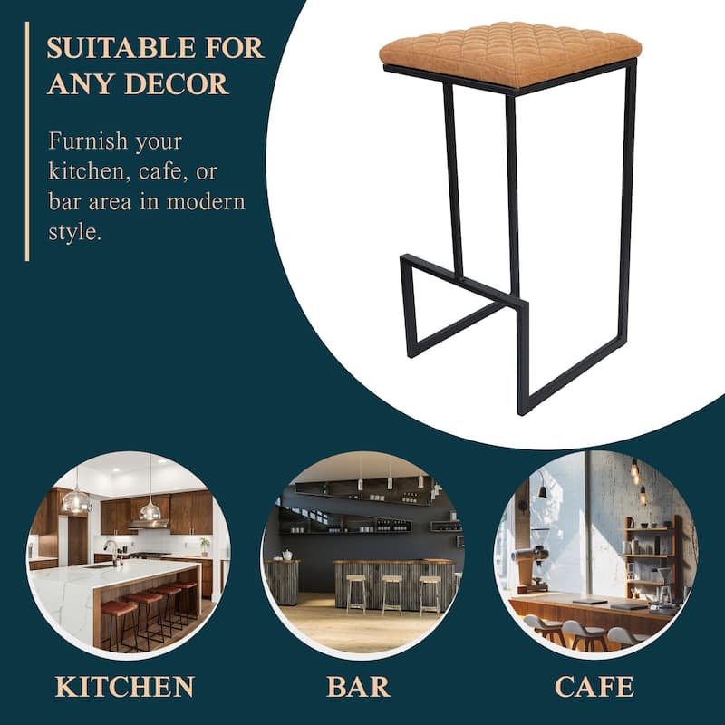 Quincy Leather Counter Barstool – Upholstered Square Seat with Quilted Back, Footrest, and Metal Legs for Kitchen or Dining Area