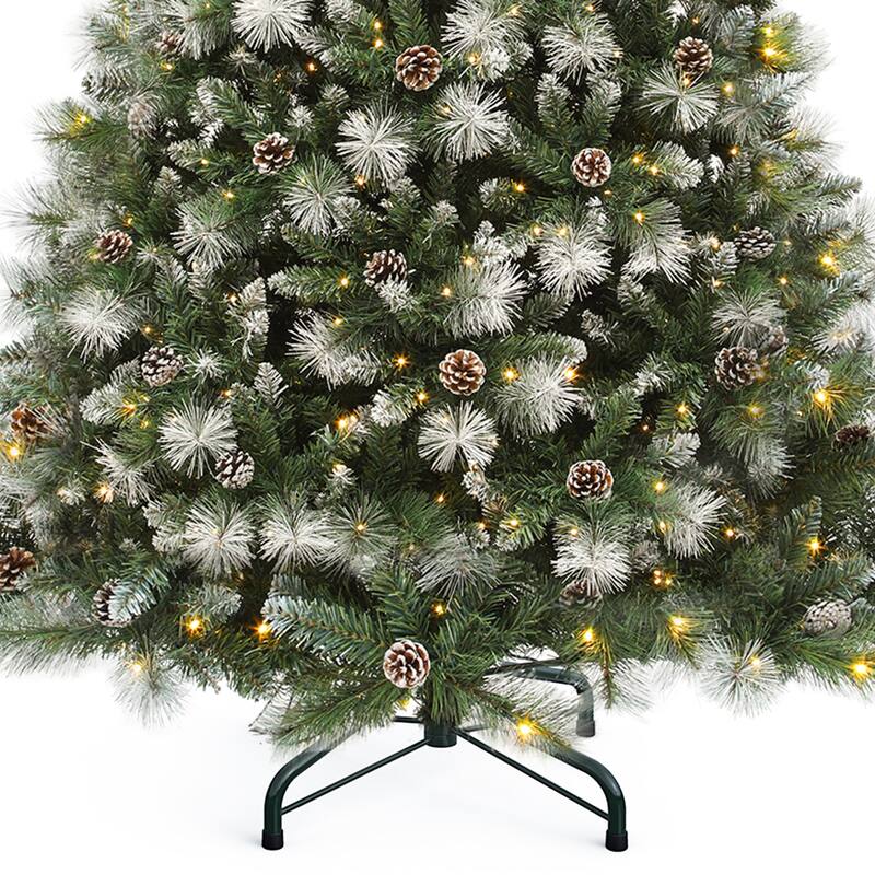 4.5/6ft Prelit & Pre-Decorated Scotch Pine Christmas Tree with Remote Control, Frosted Christmas Tree with Pine-Cones & Needles