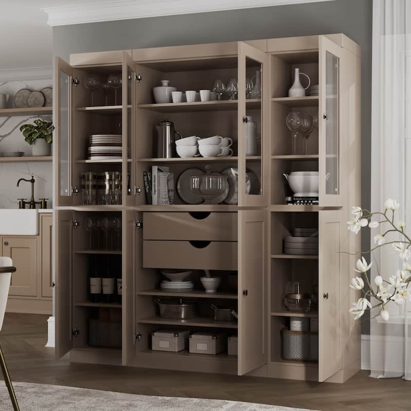 Palace Imports 100% Solid Wood 65" Pantry Cabinet with Clear Glass, Shaker Doors, 2-Drawers and Adjustable Shelves - Beige