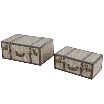 Wooden Floral Vintage Storage Decorative Trunk with Brown Leather Accents and Gold Studs - Set of 2 Blue - Roche River Decor