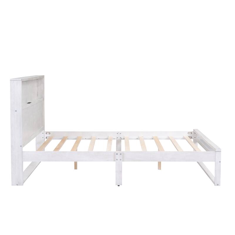 Antique White Queen Size Storage Platform Bed with USB Ports and Socket