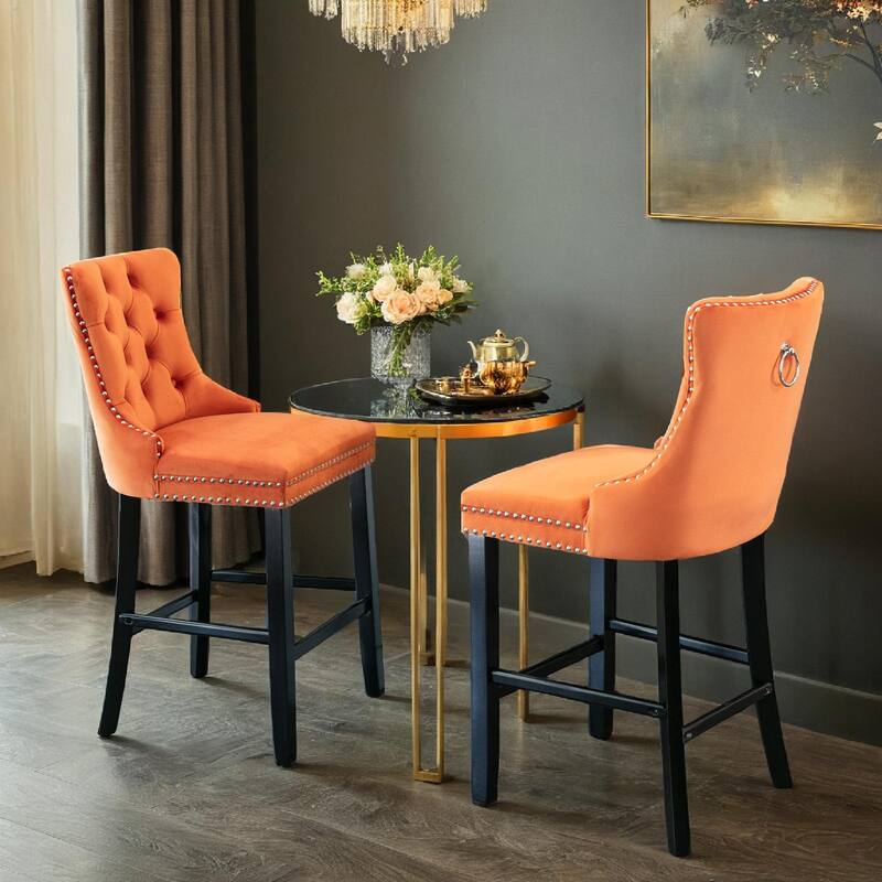 Velvet Upholstered Barstools with Button Tufted Decoration and Wooden Legs, and Chrome Nailhead Trim, Leisure Style Bar Chairs
