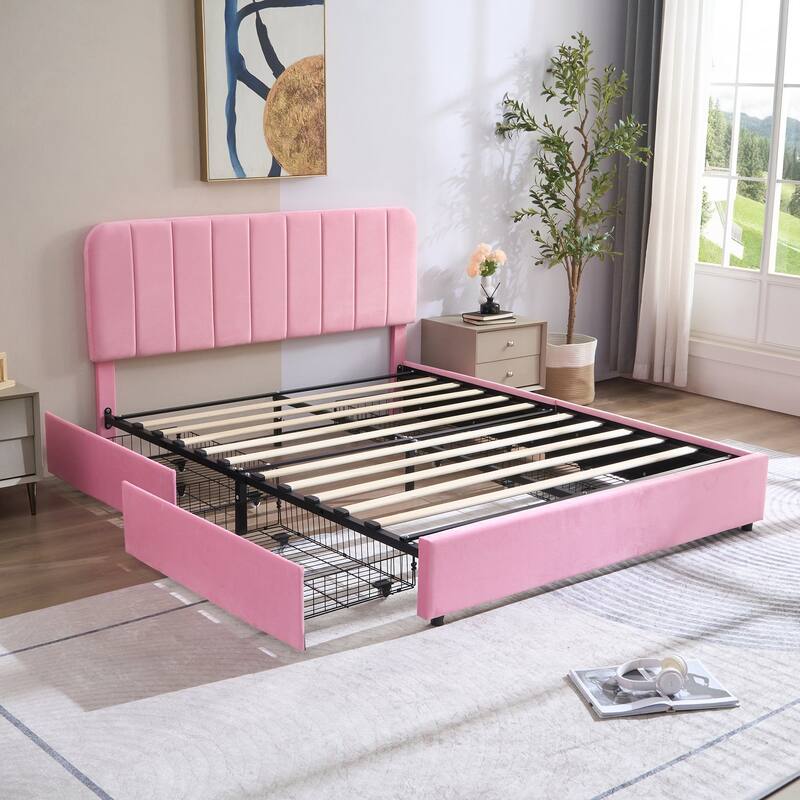 Pink Upholstered Platform Bed Frame with 4 Storage Drawers, Adjustable Velvet Rivets Headboard