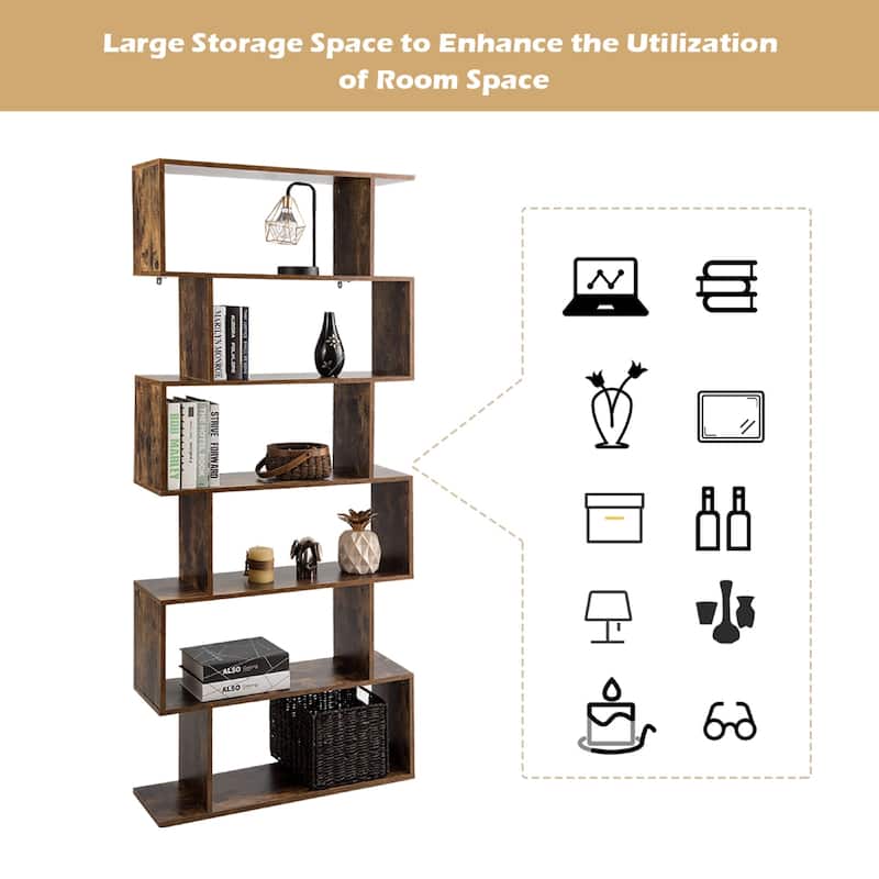 S-Shaped 6 Tier Room Dividing Bookcase Wooden Storage Display