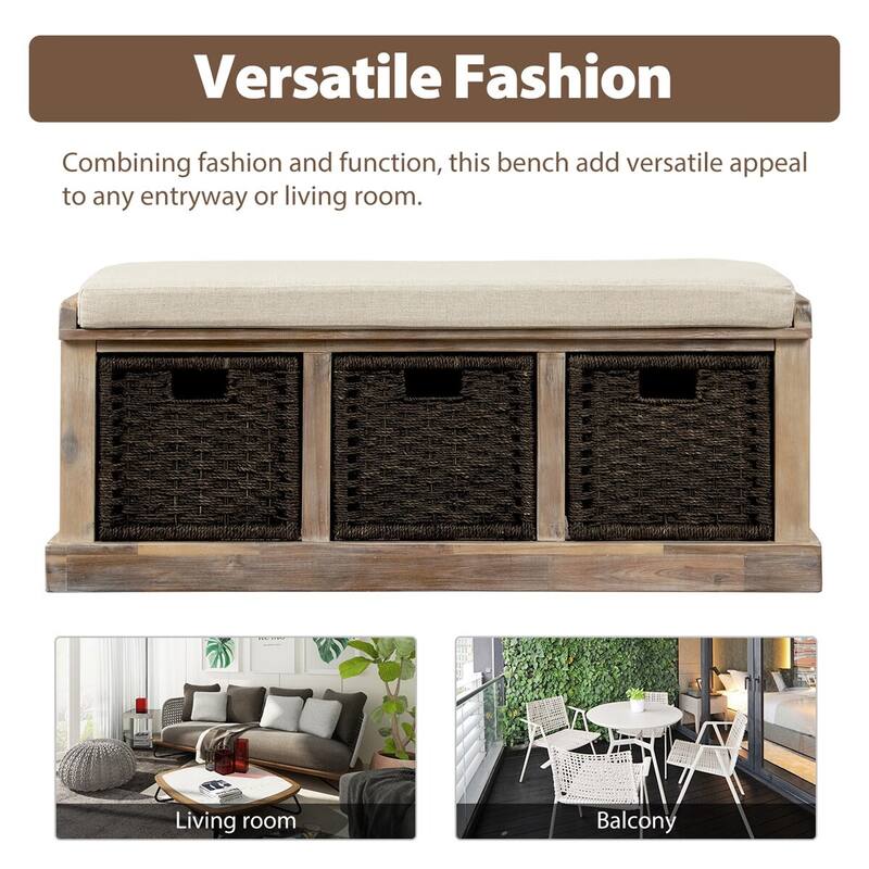 Merax Entryway Storage Bench with 3 Removable Baskets and Cushion