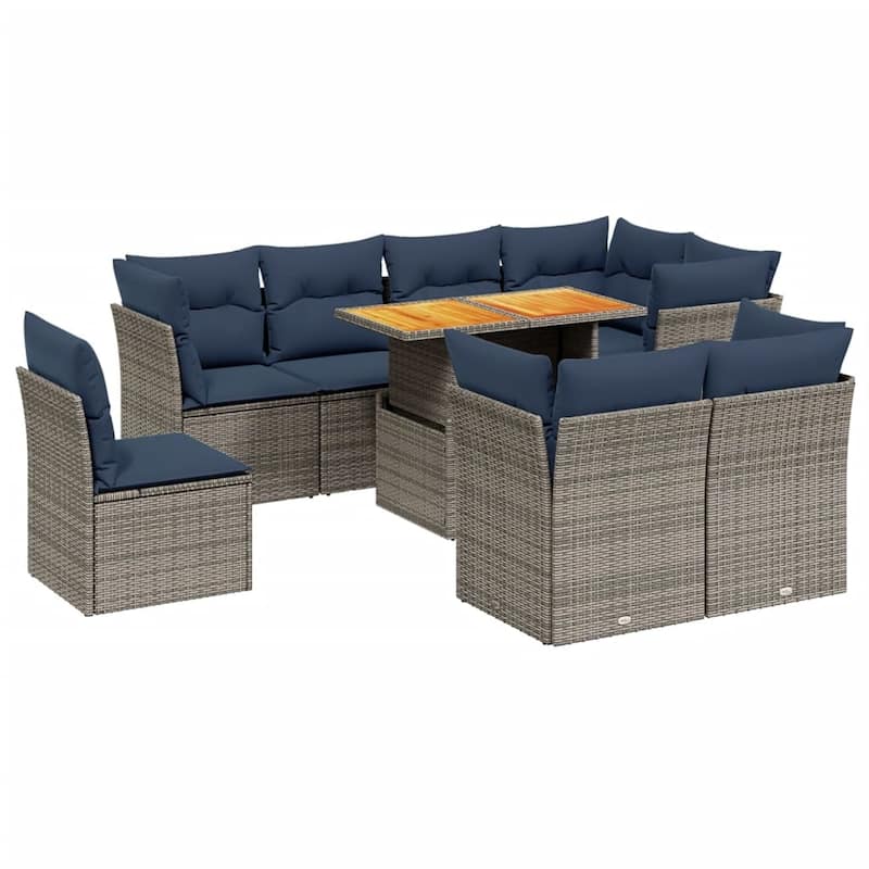vidaXL 9 Piece Patio Sofa Set with Cushions Gray Poly Rattan - 24.4" x 24.4" x 27.2"
