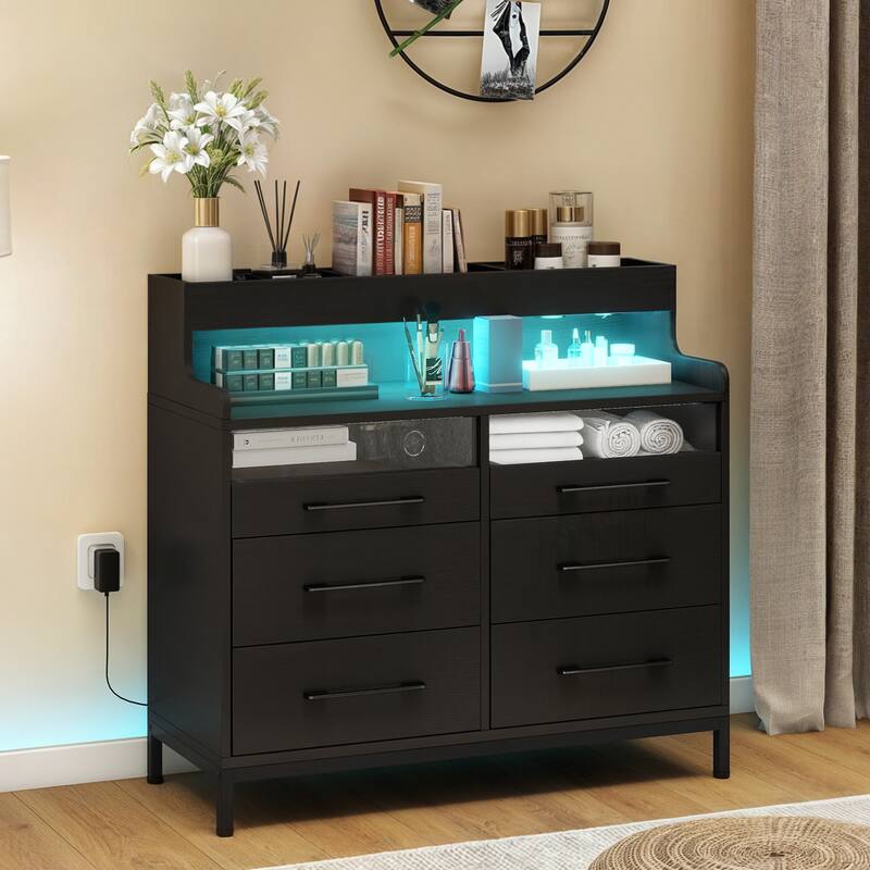 Moasis 6 Drawer Dressers & Chests of Drawers with LED Light Open Shelf Storage